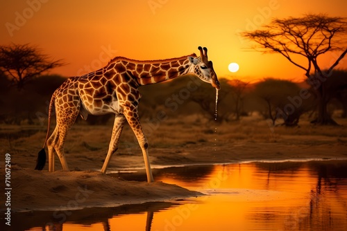 A graceful giraffe bending down to drink from a serene watering hole at sunset.