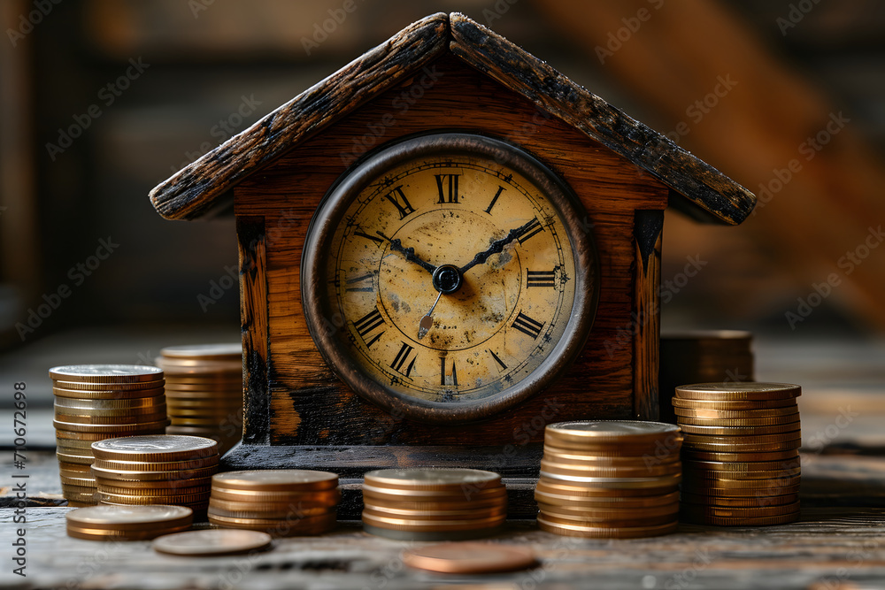 custom made wallpaper toronto digitalVintage clock with stacks of coins on wooden surface, concept of time and investment.