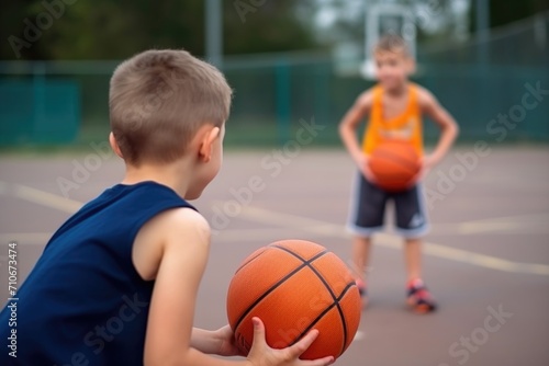 rearview shot of two young boys playing basketball on a sports court