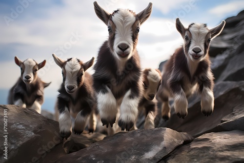 A group of baby goats climbing and jumping on a rocky hillside.