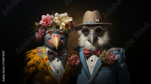 Bird Couple in nice dress like a wedding with dark background