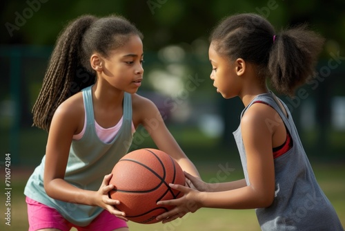 shot of two young girls playing a game of basketball