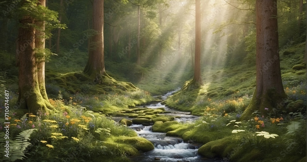 An image of a secluded forest clearing bathed in dappled sunlight. Show towering trees surrounding a carpet of ferns and wildflowers, with a stream trickling through the moss-covered rocks. AI Generat