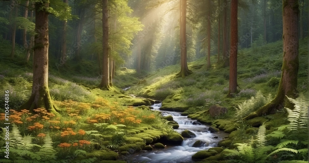Obraz premium An image of a secluded forest clearing bathed in dappled sunlight. Show towering trees surrounding a carpet of ferns and wildflowers, with a stream trickling through the moss-covered rocks. AI Generat