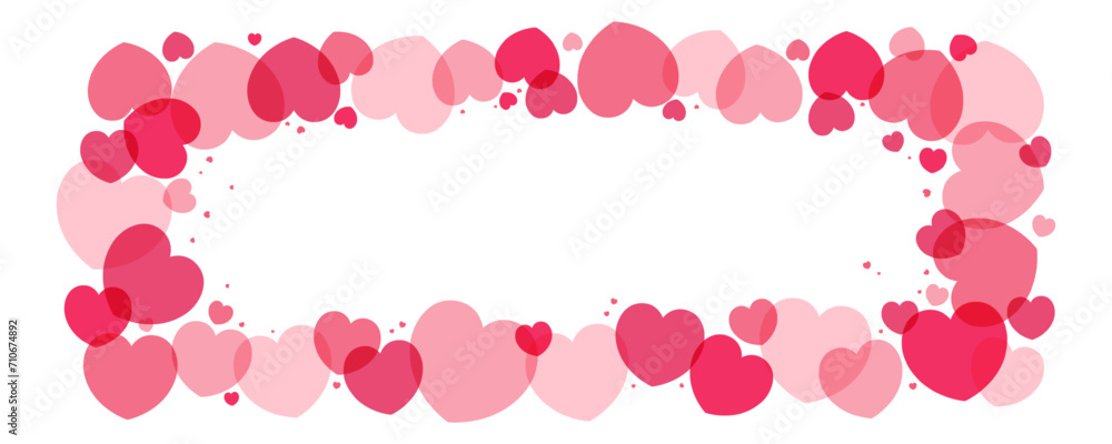 Red, pink hearts frame, border on transparent background, copy space. Flat style vector illustration. Abstract geometric design. Love, romance concept. Valentines day card, poster, banner, promotion
