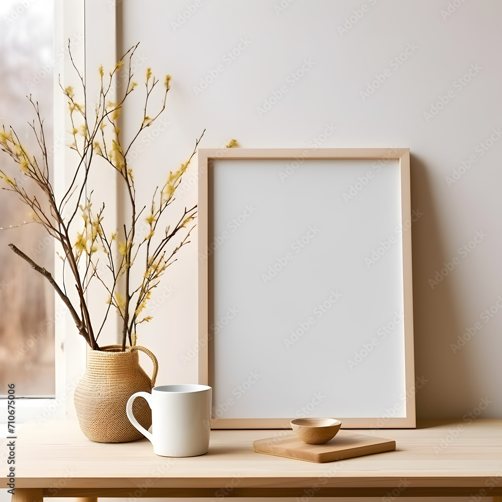 Spring, Easter breakfast still life. Elegant Scandinavian living room, home office. Cup of coffee, books. Empty wooden picture frame mockup on desk, table. Vase with willow tree branches, catkins. Spring, Easter breakfast still life. Elegant Scandinavian living room, home office. Cup of coffee, books. Empty wooden picture frame mockup on desk, table. Vase with willow tree branches, catkins.