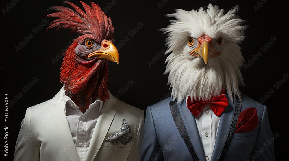 Bird Couple in nice dress like a wedding with dark background