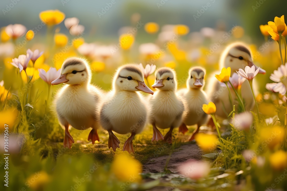 A group of ducklings following their mother through a field of blooming flowers.