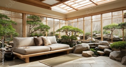 An image of a serene conservatory incorporating a Zen garden with bonsai trees, a koi pond, bamboo screens, and floor-to-ceiling windows allowing abundant natural light - Generative AI © Huzaifa