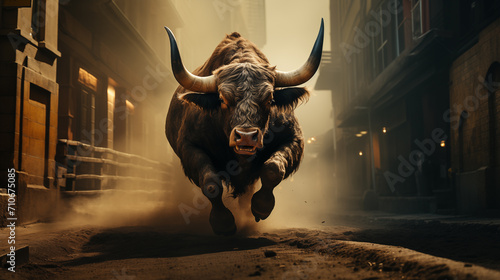 a bull running in the street