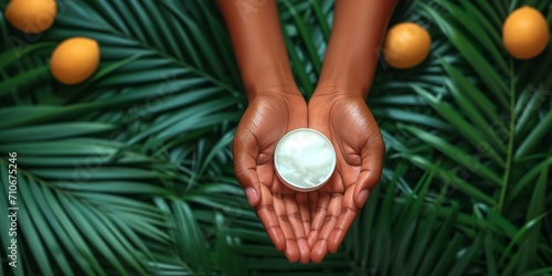 Natural skin care concept with cream on palms and green leaves