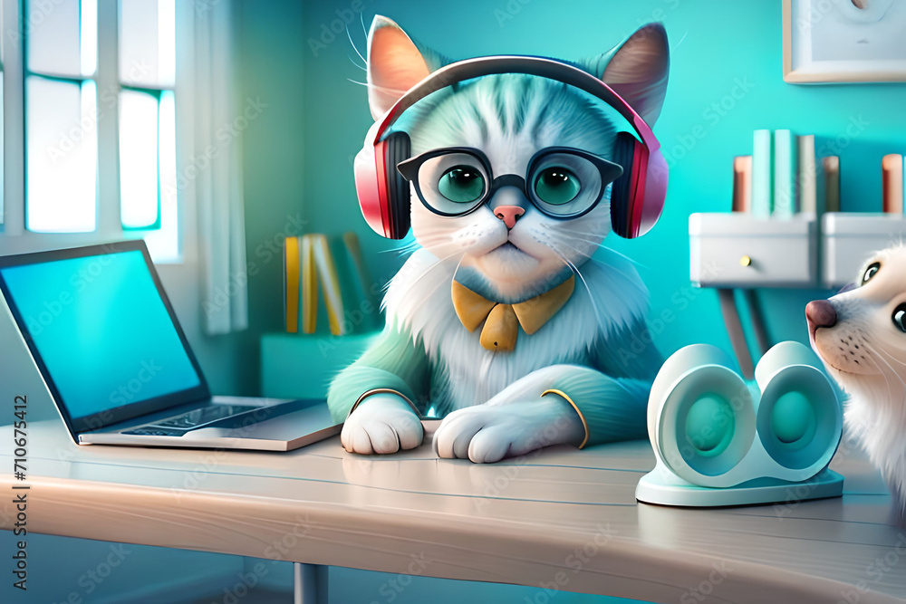 Cat hacker or program develper with laptop. Funny pet character in goggles and hoodie palying computer game. Cute cat in a blue oficce works at a computer with glasses and headphones Cat hacker or program develper with laptop. Funny pet character in goggles and hoodie palying computer game. Cute cat in a blue oficce works at a computer with glasses and headphones