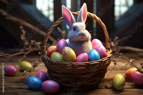 Colorful Easter bunny eggs in a basket on a wooden table. 3D illustration. Generative AI © Amoret