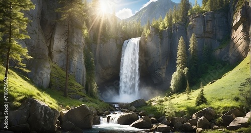 An image of a towering waterfall framed by lush evergreen trees  cascading down rocky cliffs  with sunlight filtering through the foliage - Generative AI