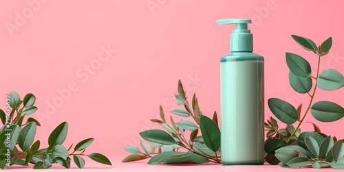 Green cosmetic dispenser bottle with fresh leaves on pink background