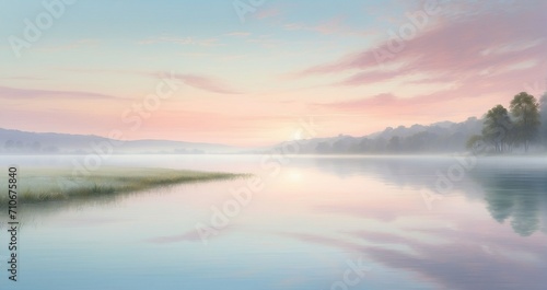 An image of a tranquil lakeside scene at dawn, with mist hovering over the water's surface and a palette of pastel colors painting the sky. - AI Generative - Generative AI