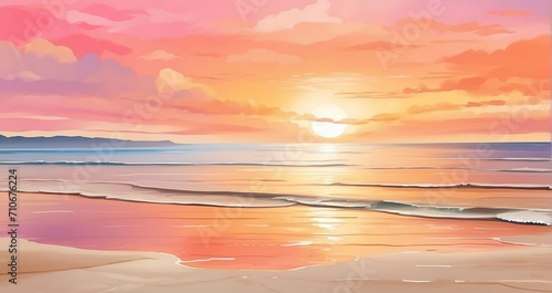 An image of a tranquil sunrise over the sea  with the sun painting the sky in shades of orange and pink  casting a golden glow on the calm waters and the sandy shore - Generative AI