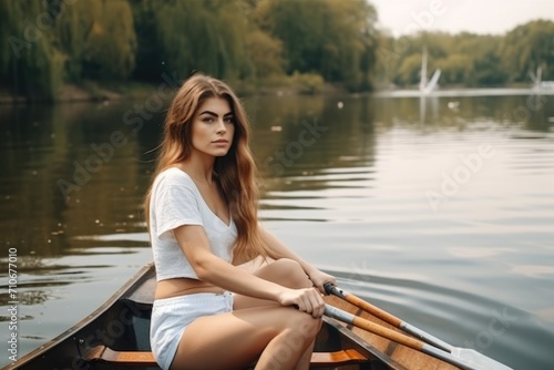 full length shot of an attractive young female rowing on a boat © Sergey