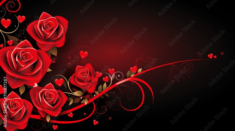 Stylized Red Roses and Hearts on Dark Background Stylized Red Roses and Hearts on Dark Background