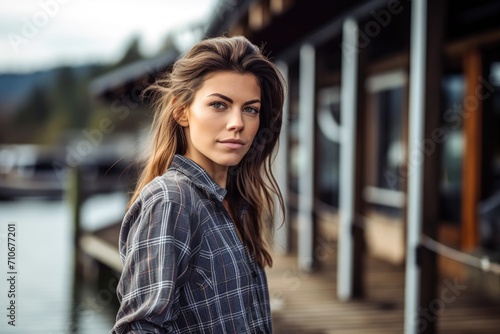 Foto shot of an attractive young woman standing on the dock at a boathouse