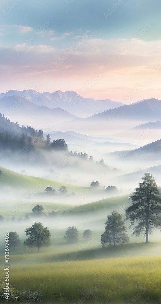 An image of an ethereal mist settling in a valley, shrouding elegant trees and distant hills in a soft, dreamlike ambiance - Generative AI