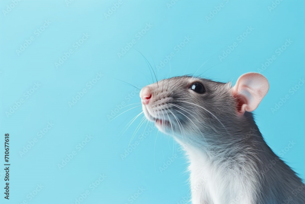 cute mouse standing isolated on blue background, with copy space for text cute mouse standing isolated on blue background, with copy space for text