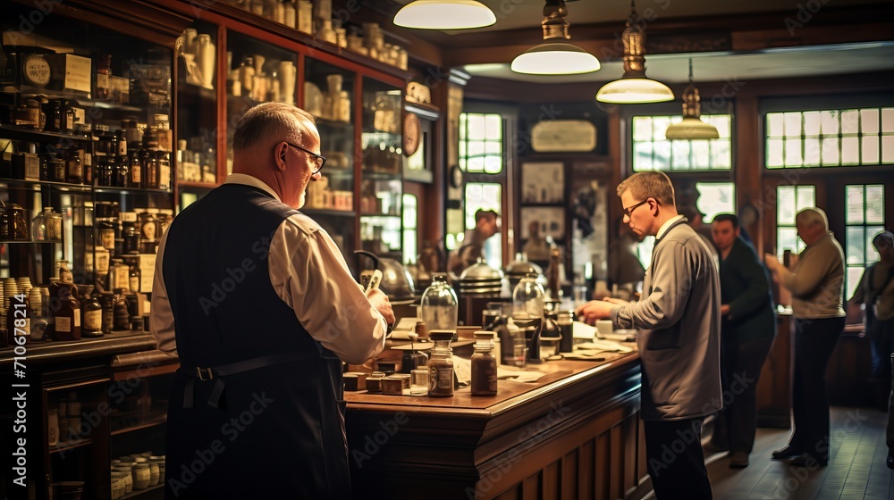 Pharmacists Working in Old Style Drugstore Pharmacists Working in Old Style Drugstore