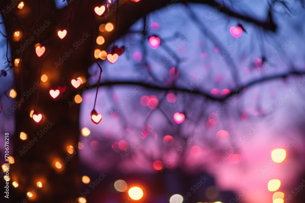 Heart shaped fairy lights hanging from a tree - pink romantic valentine's day background wallpaper Heart shaped fairy lights hanging from a tree - pink romantic valentine's day background wallpaper