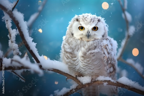 a white owl in the snow, cute animal photography photo