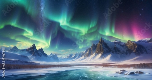An image of the aurora borealis dancing over a snowy tundra landscape, with a backdrop of star-filled skies and icy expanses. AI Generative © Huzaifa