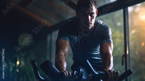 Young man smashing cardio goals with exercise bike. An athlete is engaged in the gym, photo