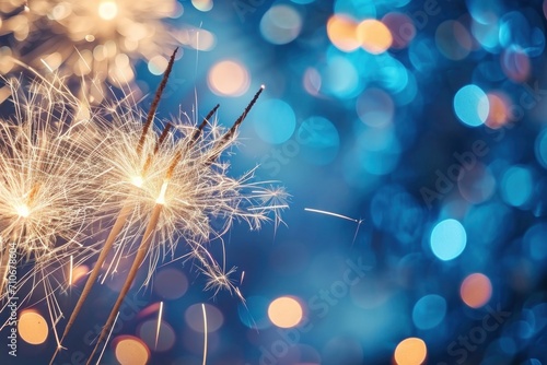 Gold and blue Fireworks and bokeh in New Year eve and copy space. Abstract background holiday.