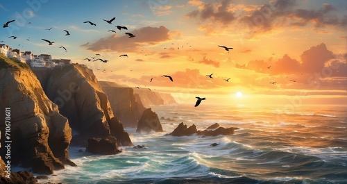 An image of the sun rising over rugged seaside cliffs, casting a warm glow on the crashing waves below, with seabirds soaring against the backdrop of the ocean - Generative AI © Huzaifa