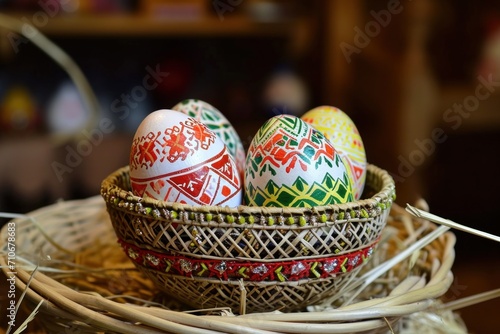 Romanian easter eggs in a wicker basket - Christian Orthodox painted eggs 