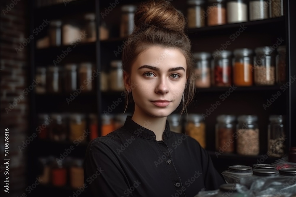 portrait of a young woman working in her store at home