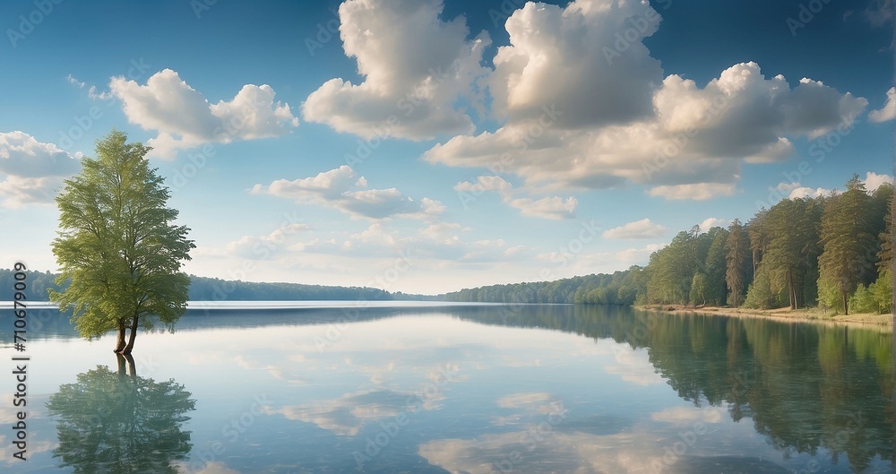 An image showcasing the serene elegance of a lake reflecting towering trees and a cloud-speckled sky - Generative AI