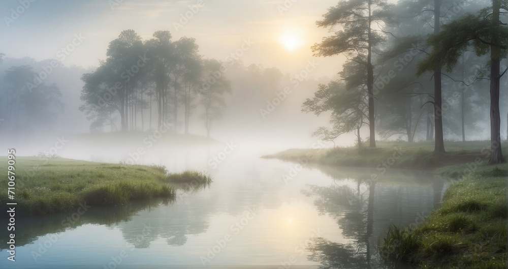 The serene and mystical atmosphere of a foggy morning in a forest or by a lake - Generative AI