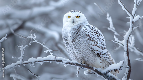 stunning shot of a snowy owl perched on a tree branch, showcasing its beauty and camouflage abilities © @ArtUmbre