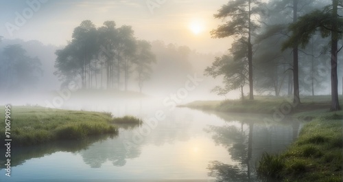 The serene and mystical atmosphere of a foggy morning in a forest or by a lake - Generative AI © Huzaifa