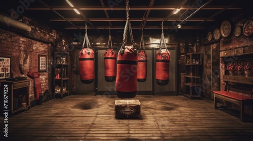 Interior of a fitness hall with boxing ring Dark vintage retro old gym boxing bag fitness sport martial arts room interior. photo