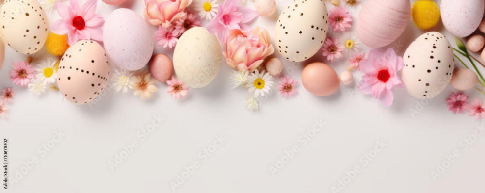 Easter eggs and spring flowers, top view