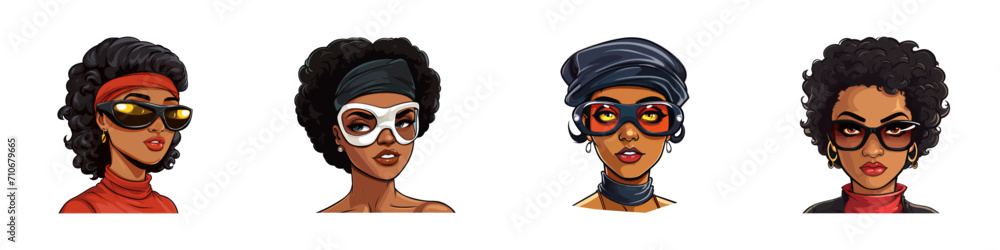 Retro style cartoon portrait of a black woman in glasses. Vector illustration