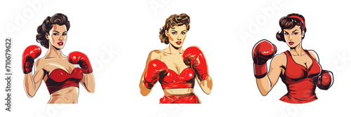 Retro style woman boxer. Cartoon vector illustration