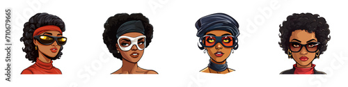 Retro style cartoon portrait of a black woman in glasses. Vector illustration