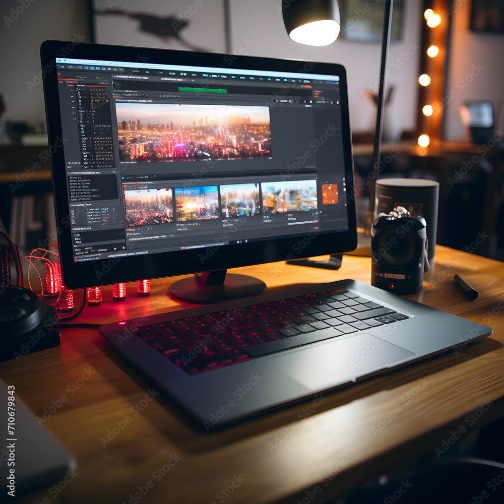Freelance desktop with laptop computer and monitor review for editor work with content video Freelance desktop with laptop computer and monitor review for editor work with content video