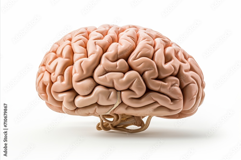 Realistic human brain isolated on white background, showcasing intricate neural structures Realistic human brain isolated on white background, showcasing intricate neural structures
