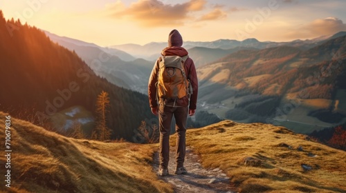 Hiker with backpack hiking on the top of a mountain - Man walking on forest path at sunset - Focus on the guy - sunset in the mountains.