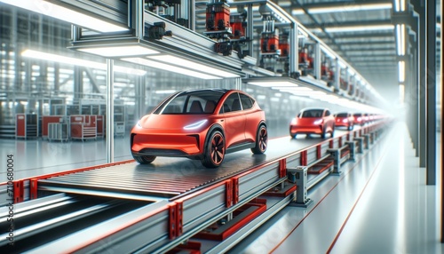 Futuristic Electric Vehicle Production Line in Factory Setting