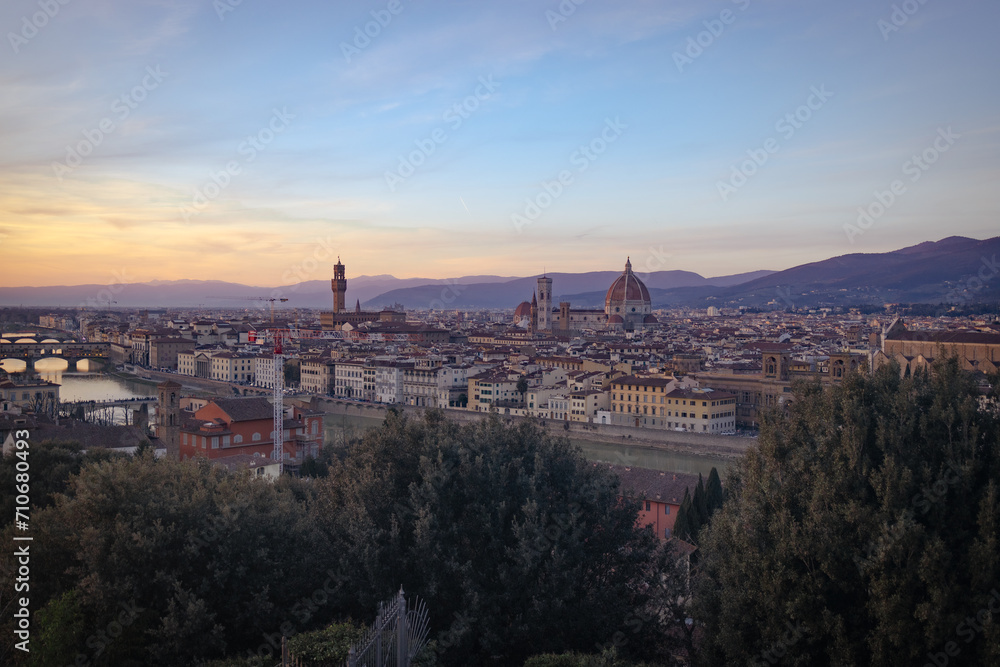 Beautiful cityscape skyline of Firenze (Florence), Italy, with the bridges over the river Arno. High quality photo