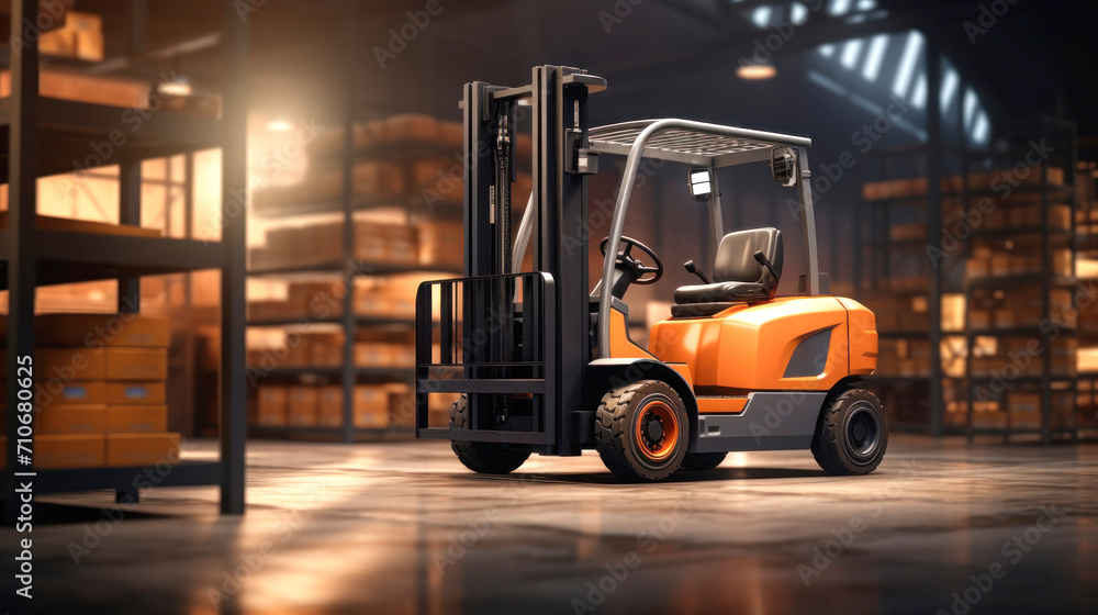 A modern forklift for working in a warehouse, loading, unloading and transporting goods. Logistics warehouse.